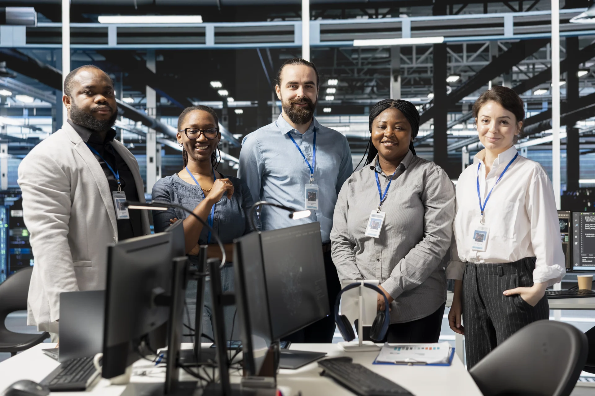Portrait of cheerful engineering team in data center running scripts