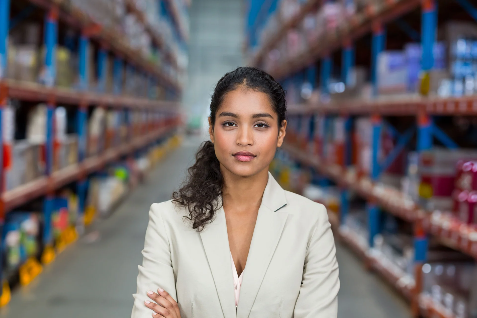 Warehouse manager standing in central aisle, with tall metal shelving racks and stacked boxes