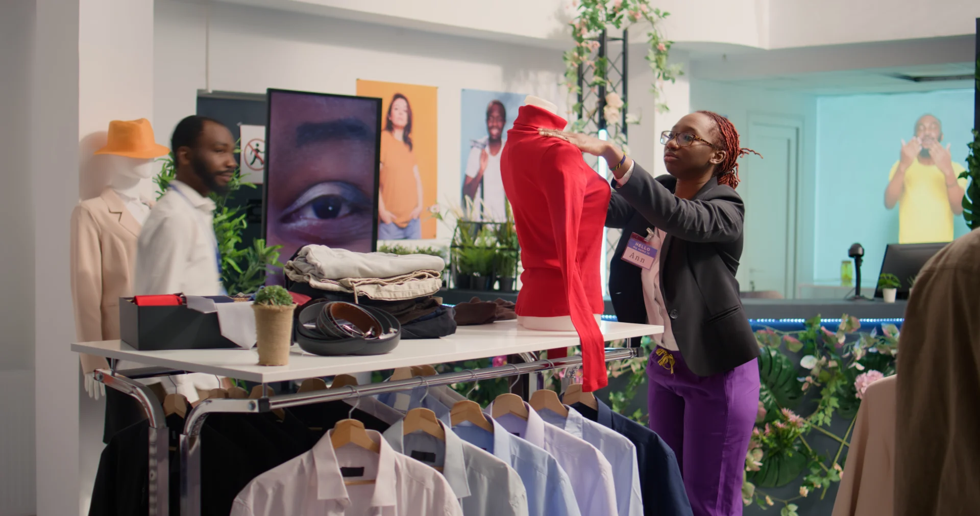Worker changing shop mannequin clothes
